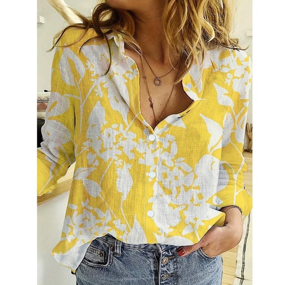 Yellow White Floral Button Up Long Sleeve Shirt - Picture 1 of 8